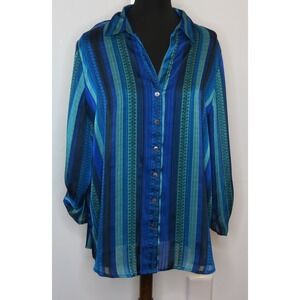 Chico's Womens Blue Striped Sheer Long Sleeve Button Down Shirt 3 XL